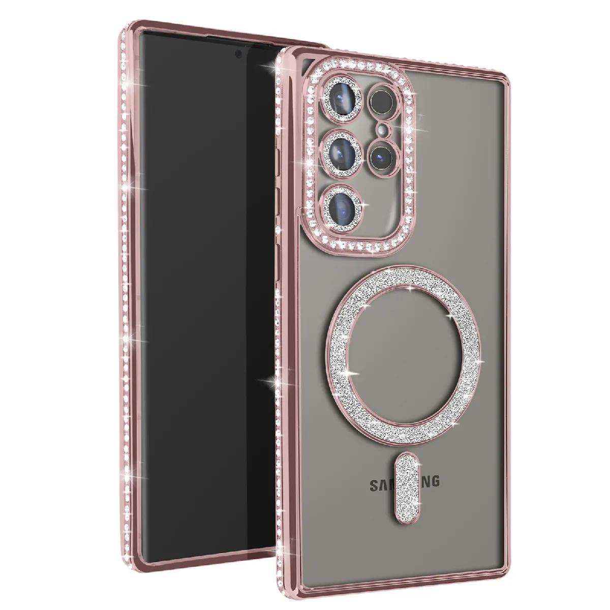 Avizar Rose Coque Diamant Pour Samsung Galaxy S24 Ultra Magsafe Contour Strass Champagne