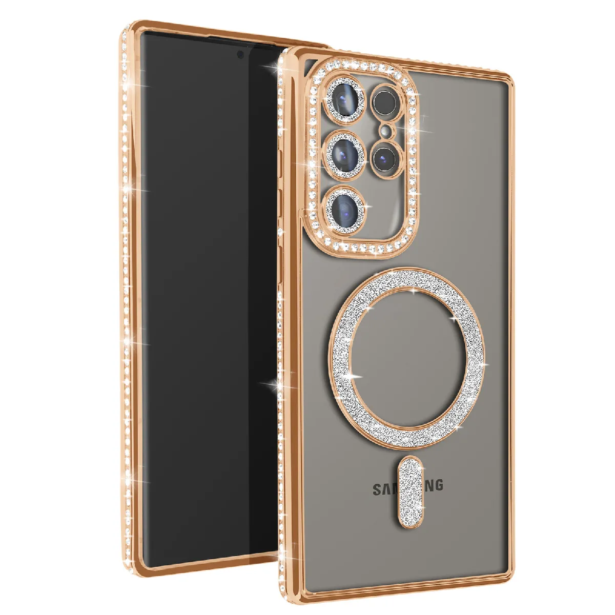 Avizar Doré Coque Diamant Pour Samsung Galaxy S24 Ultra Magsafe Contour Strass E