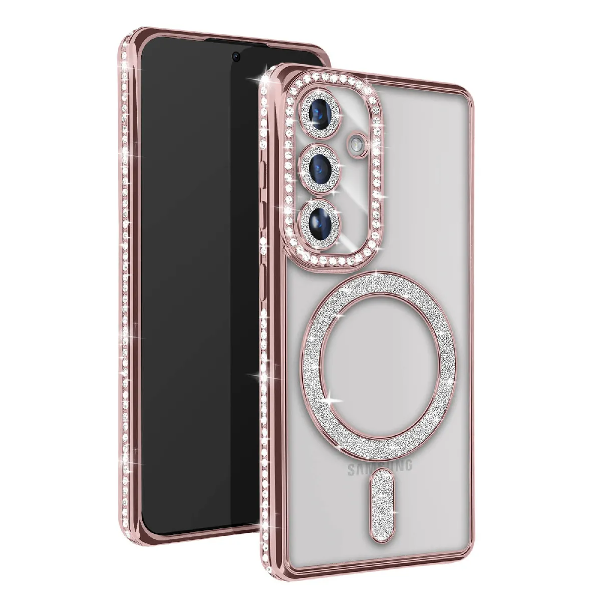 Avizar Rose Coque Diamant Pour Samsung Galaxy S24 Plus Magsafe Contour Strass Champagne