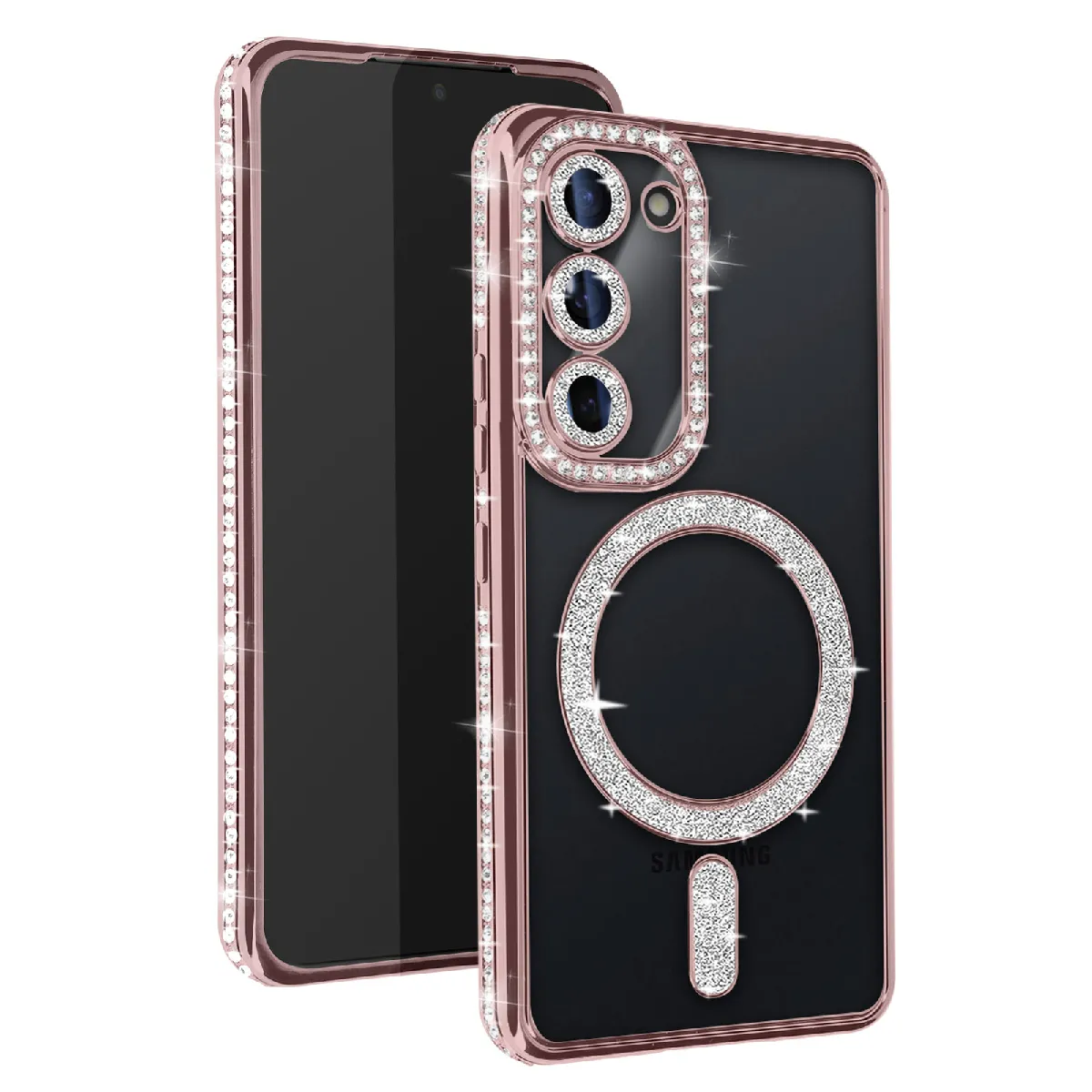 Avizar Rose Coque Diamant Pour Samsung Galaxy S23 Magsafe Contour Strass Champagne