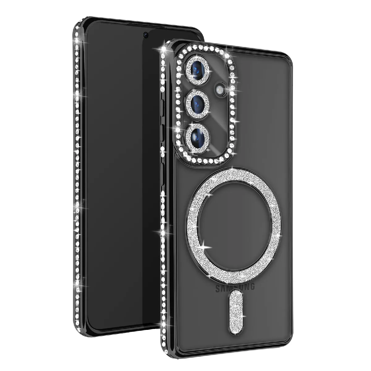 Avizar Noir Coque Diamant Pour Samsung Galaxy S24 Plus Magsafe Contour Strass