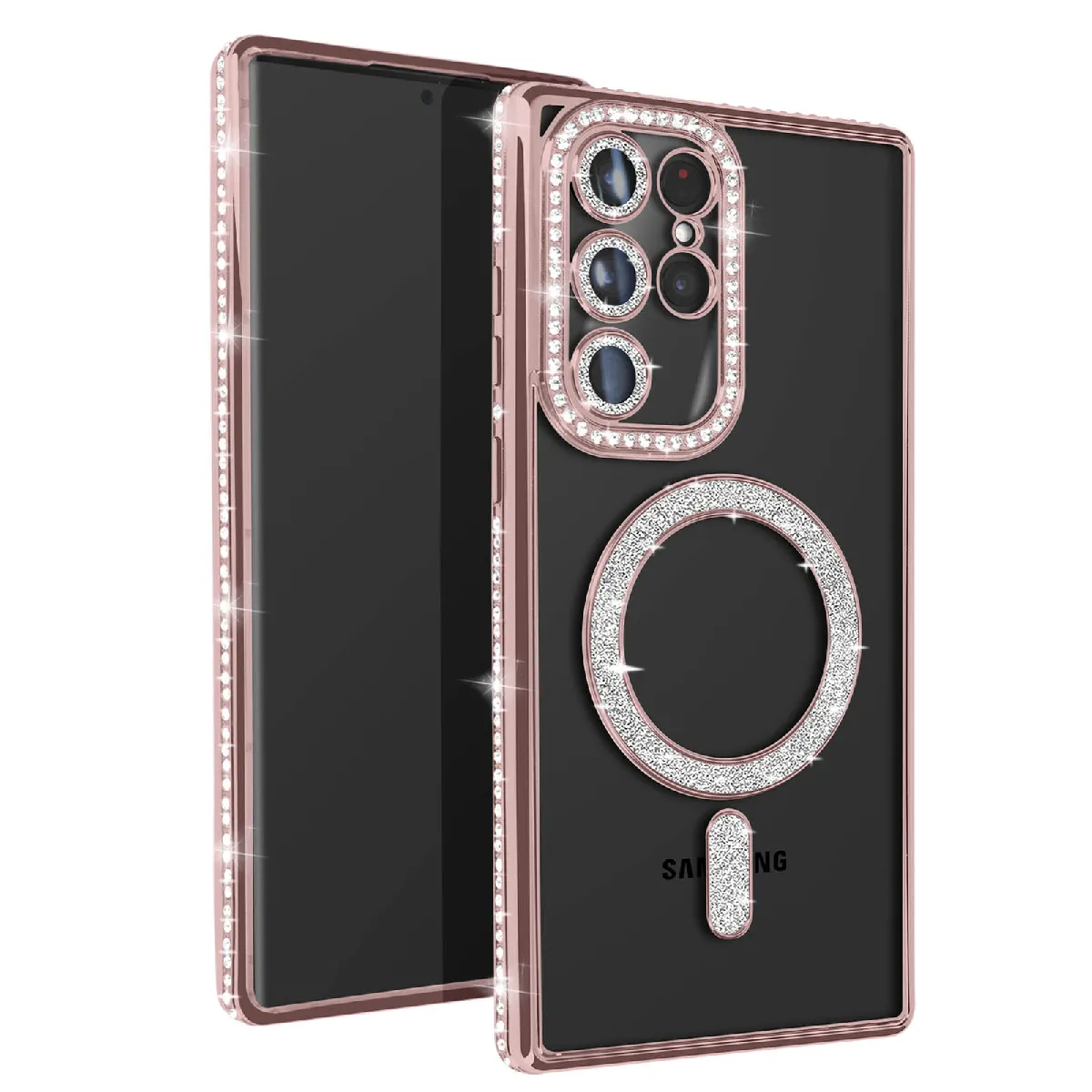 Avizar Rose Coque Diamant Pour Samsung Galaxy S23 Ultra Magsafe Contour Strass Champagne