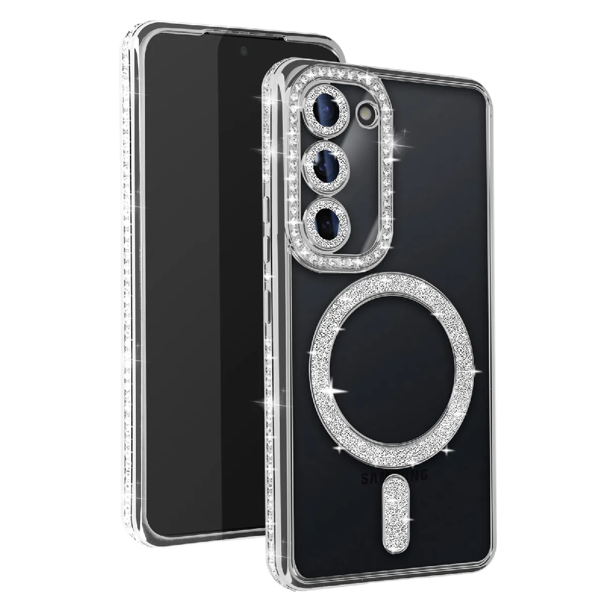 Avizar Argent Coque Diamant Pour Samsung Galaxy S23 Magsafe Contour Strass