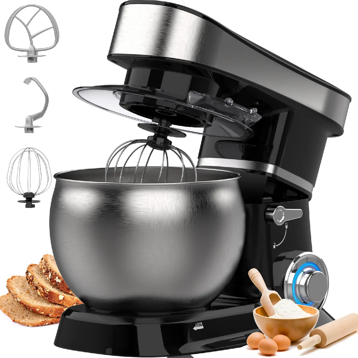 HOWORK Robot Pâtissier 1500W, 6 Vitesses Robot pétrin multifonction avec Bol 6.2L, Batteur