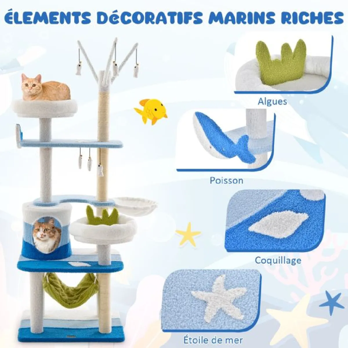 Meilleurs prix pour Arbre à chat sur le thème de l'océan tour à plusieurs niveaux griffoirs en sisal condo perchoir hamac plates-formes jouets suspendus 165 cm bleu 20_0009766