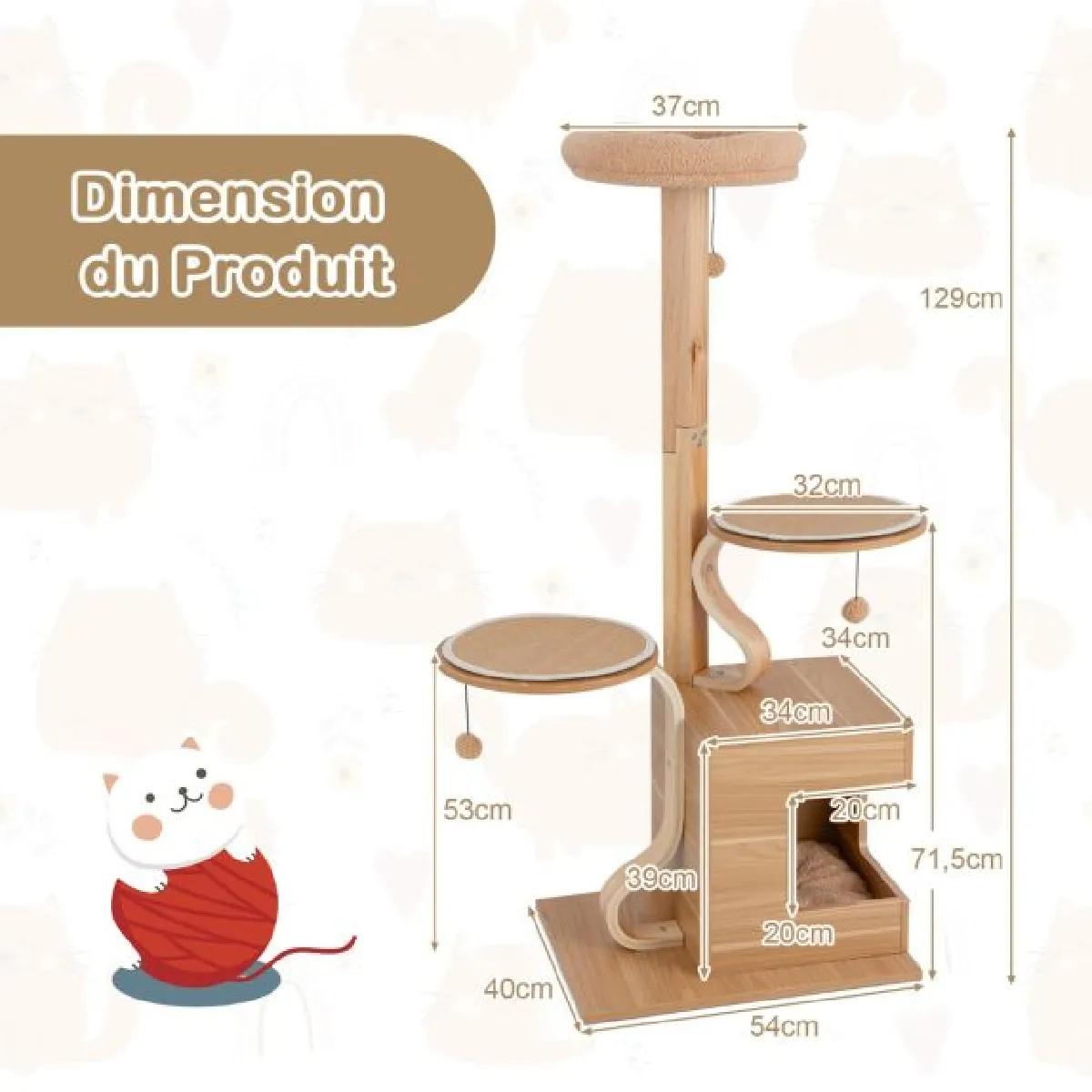 Comparer les prix de Arbre à chat en bois 129 cm condo perchoir supérieur plates-formes rondes pompons suspendus coussin amovible naturel 20_0009765