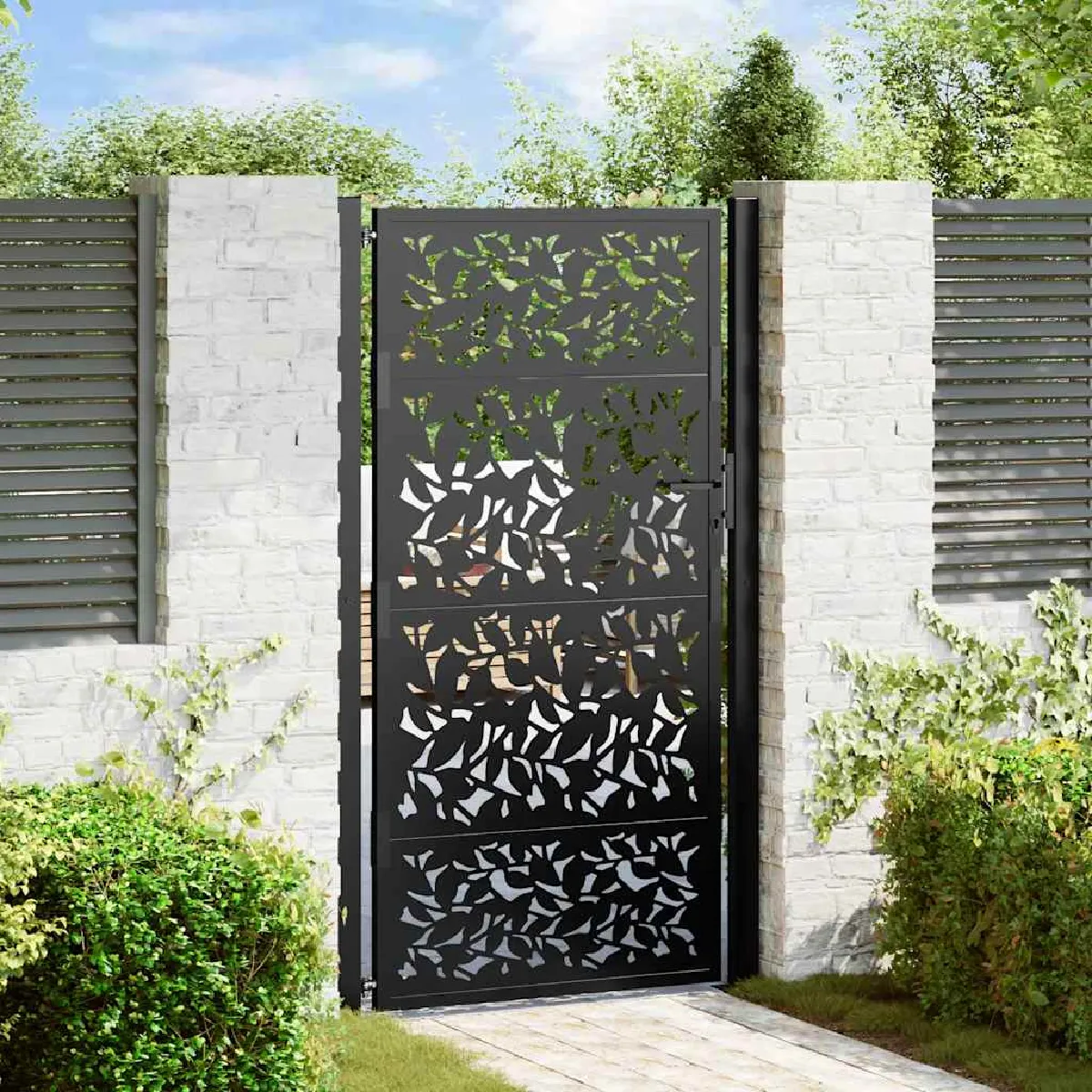 Vidaxl Portail jardin noir - Acier - 105 x 180 cm - Design feuilles