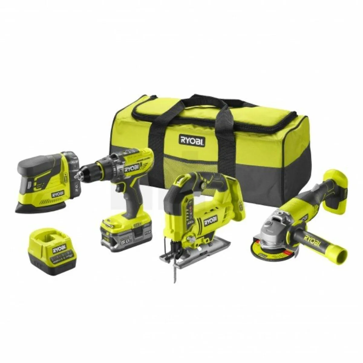 RYOBI Pack 4 outils ONE+ 18V perceuse à percussion + meuleuse + scie sauteuse + ponceuse + batt. 5Ah & 2Ah + sac R18CK4F - vue 7