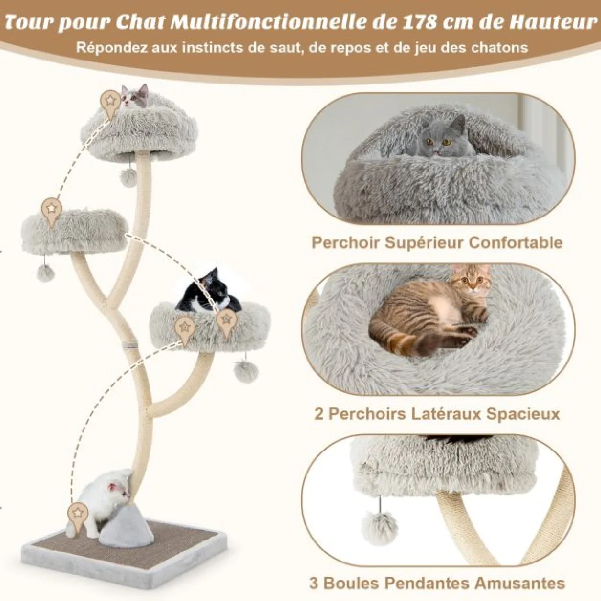 Comparer les prix de Arbre à chat 178 cm avec cadre en métal incurvé tour à chat avec 3 balles suspendues 3 perchoirs griffoir en sisal gris 20_0007650