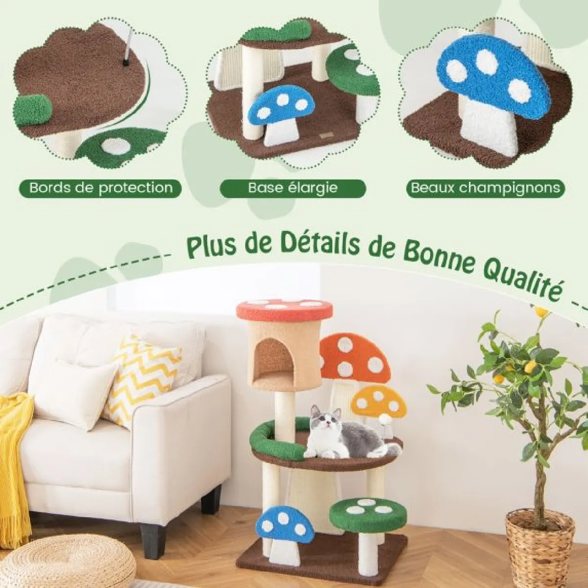 Meilleurs prix pour Arbre à chat 102 cm en forme de champignon boule à ressort condo poteau griffoir plateforme de saut tour de jeux pour chat multicolore 20_0007643
