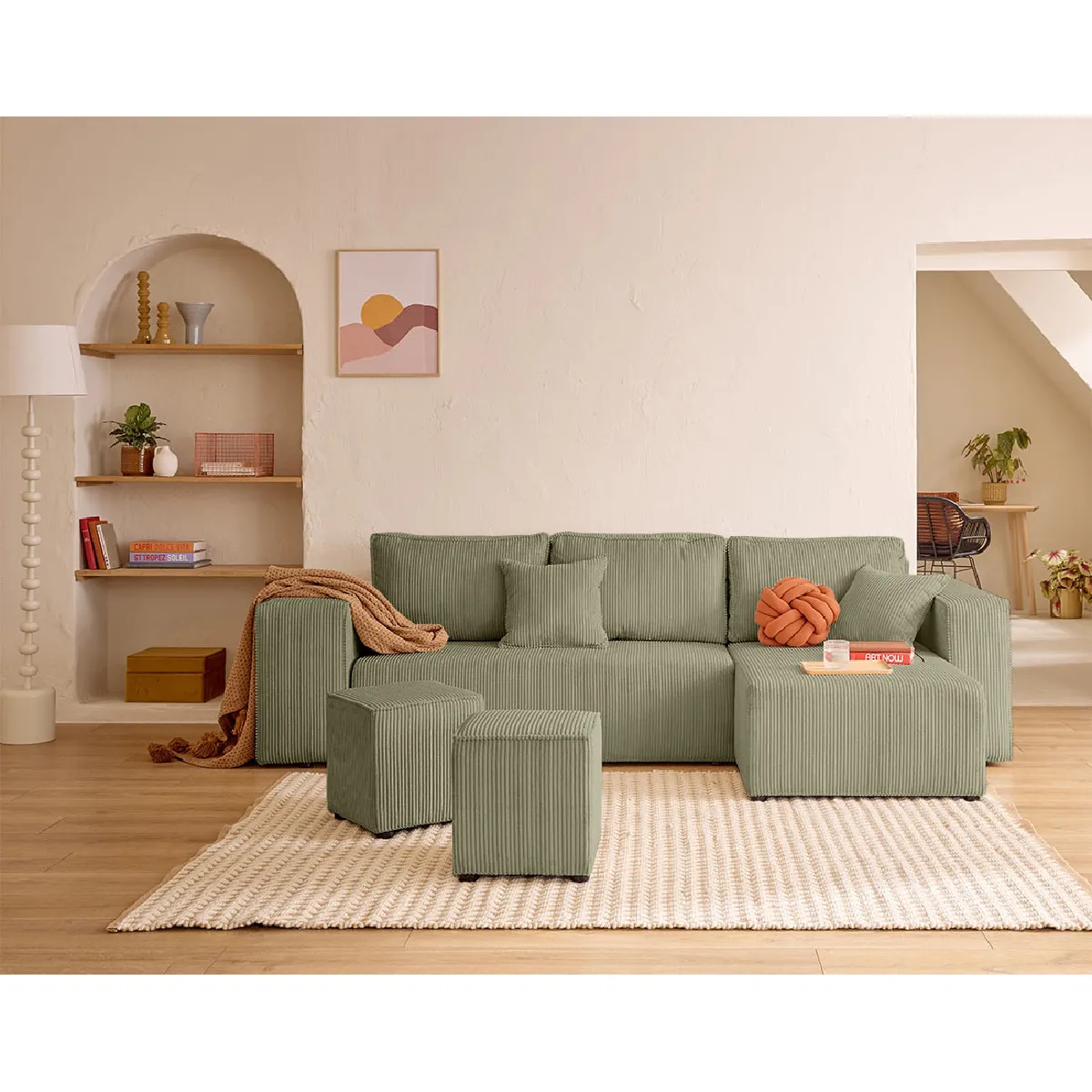 Bestmobilier Vert Topaze - Canapé D'angle Réversible 4 Places - Convertible Avec Coffre, Tablette Et Poufs