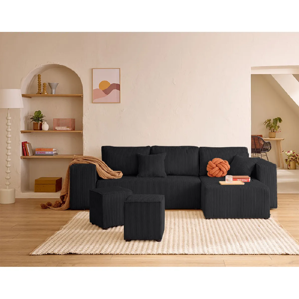 Bestmobilier Noir Topaze - Canapé D'angle Réversible 4 Places - Convertible Avec Coffre, Tablette Et Poufs