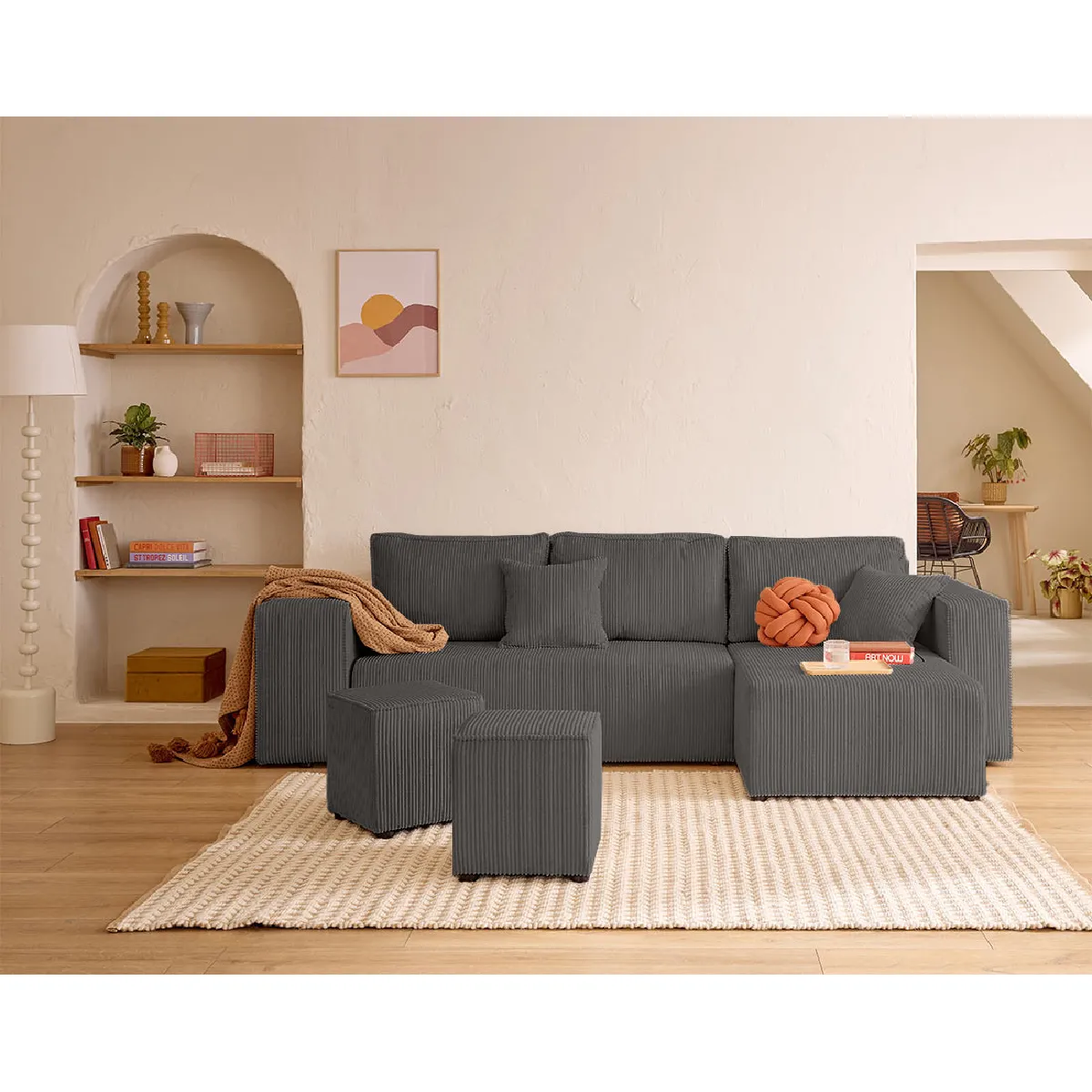 Bestmobilier Gris Topaze - Canapé D'angle Réversible 4 Places - Convertible Avec Coffre, Tablette Et Poufs