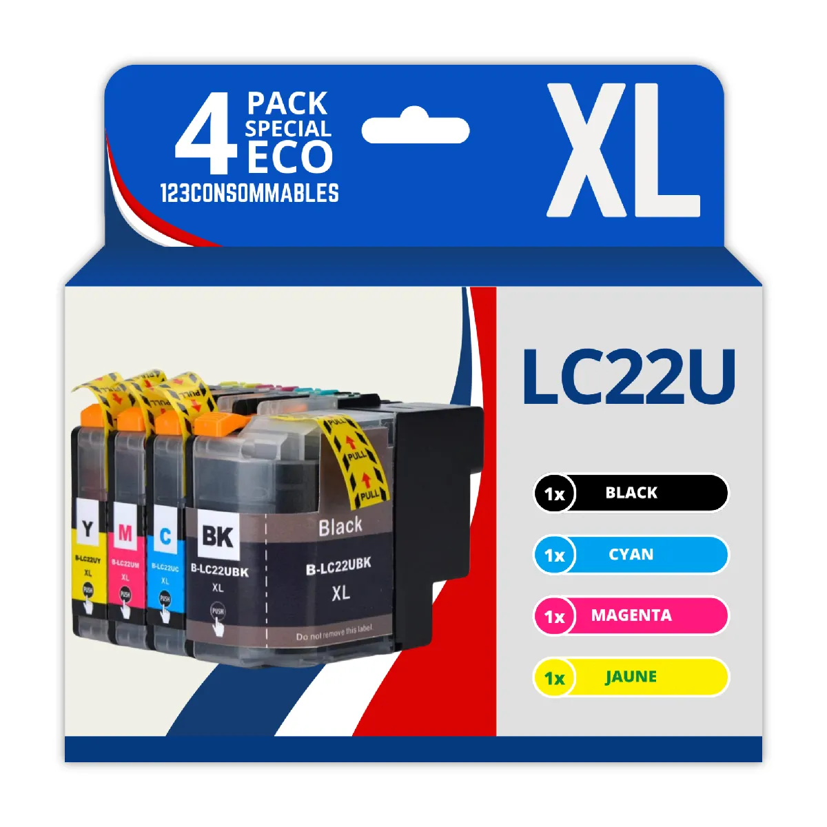 123CONSOMMABLES LC22U Pack 4 Cartouches d'encre Compatible Brother LC22UXL LC22U LC 22U LC 22UBK LC 22UC LC 22UM LC 22UY pour Brother DCP J785DW MFC J985DW 1 / 1 Cyan / 1 / 1 Jaune Neuf - vue 2