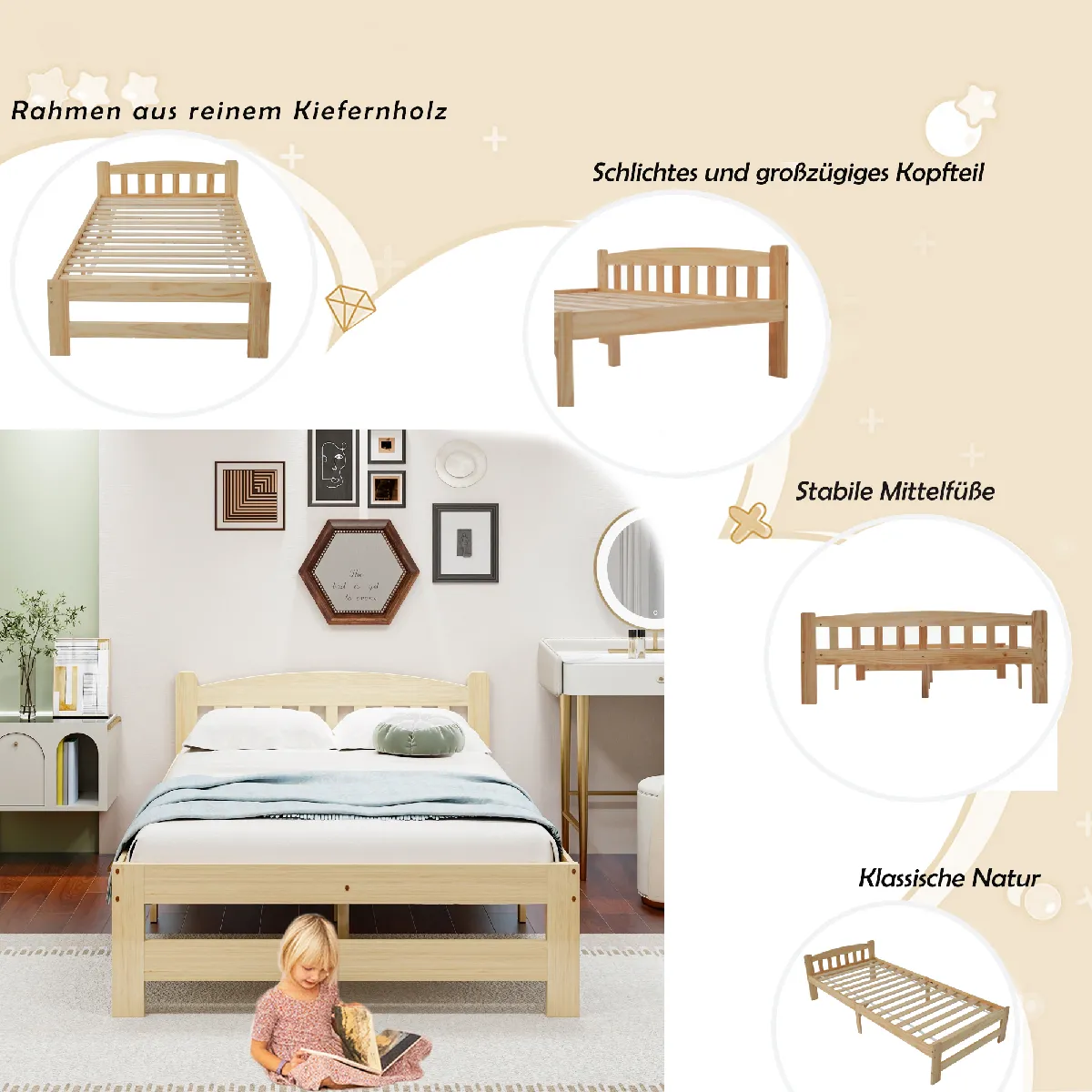 Lit Enfant Plateau En Bois Forme Cabane - 90x190 Cm, Pin Massif, Sommier à Lattes Inclus