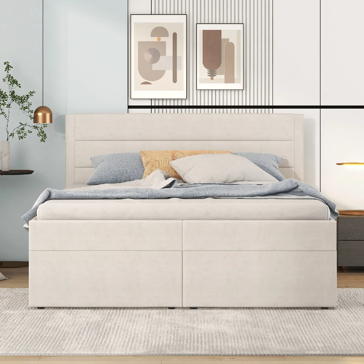 Komhtom Lit double avec sommier et rangement - Beige