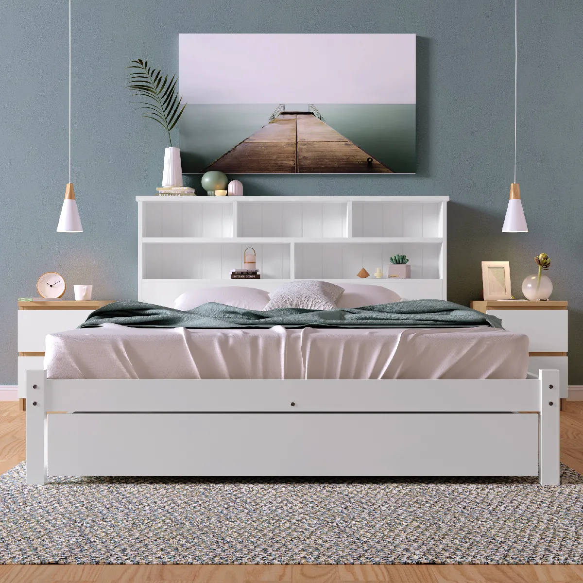 Komhtom Lit double 140x200 bois avec rangements - Blanc