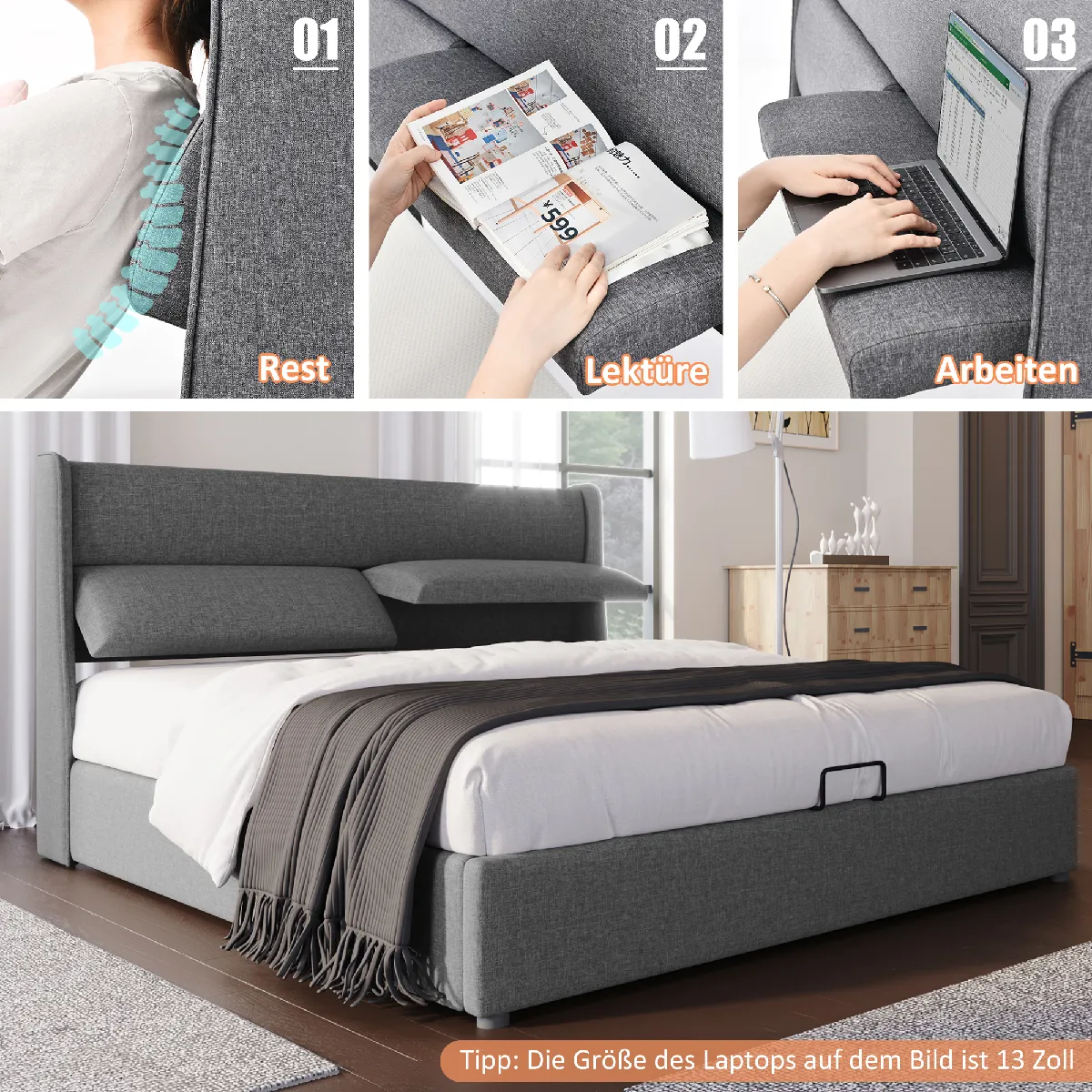 Lit Coffre Double 160x200 Cm Avec Rangement, LED, Ports USB - Sommier à Lattes, Tête De Lit Rembourrée, Blanc