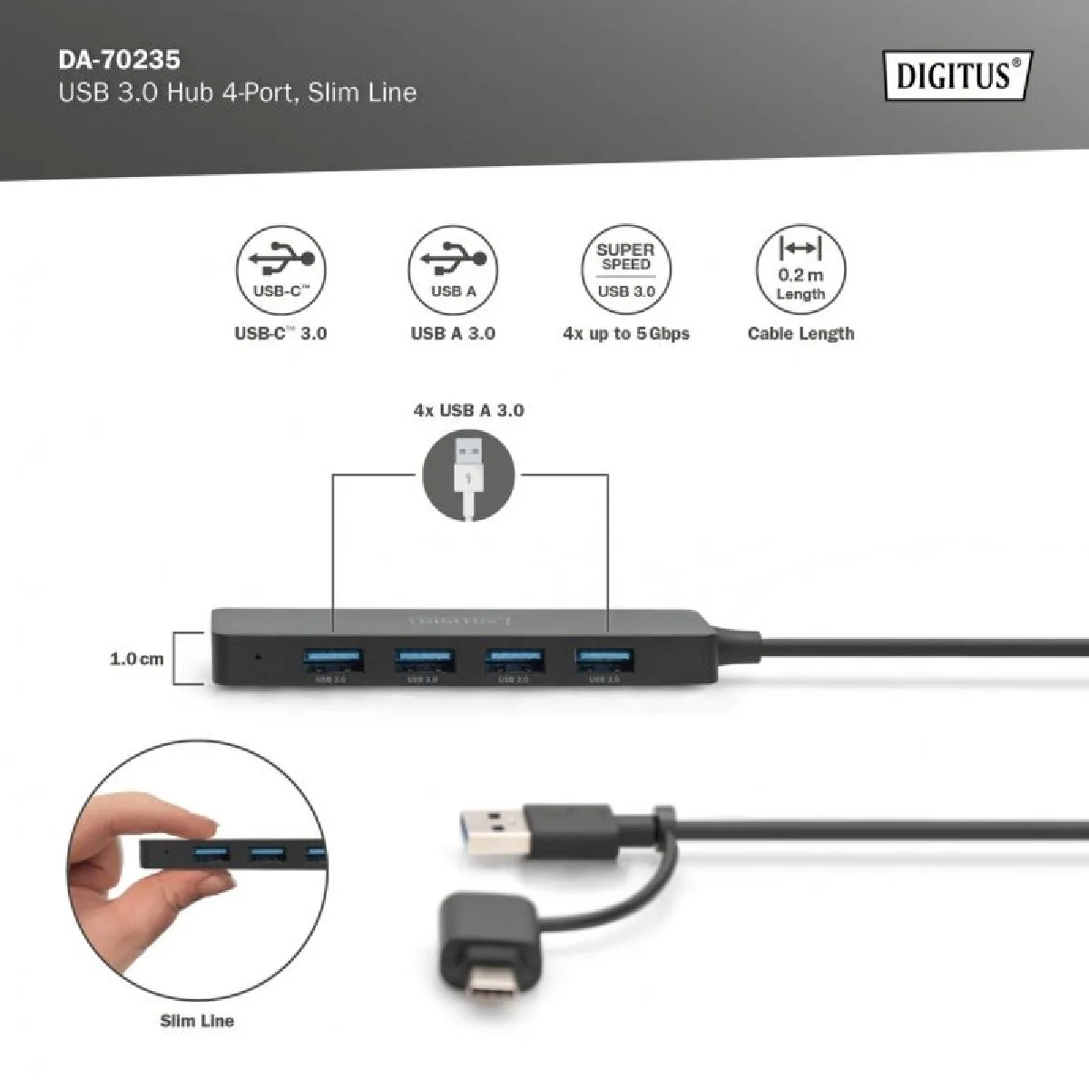 Hub Digitus 4 ports 12 Gbps USB 3.2 Gen 1 Slim Line Noir - Image 4