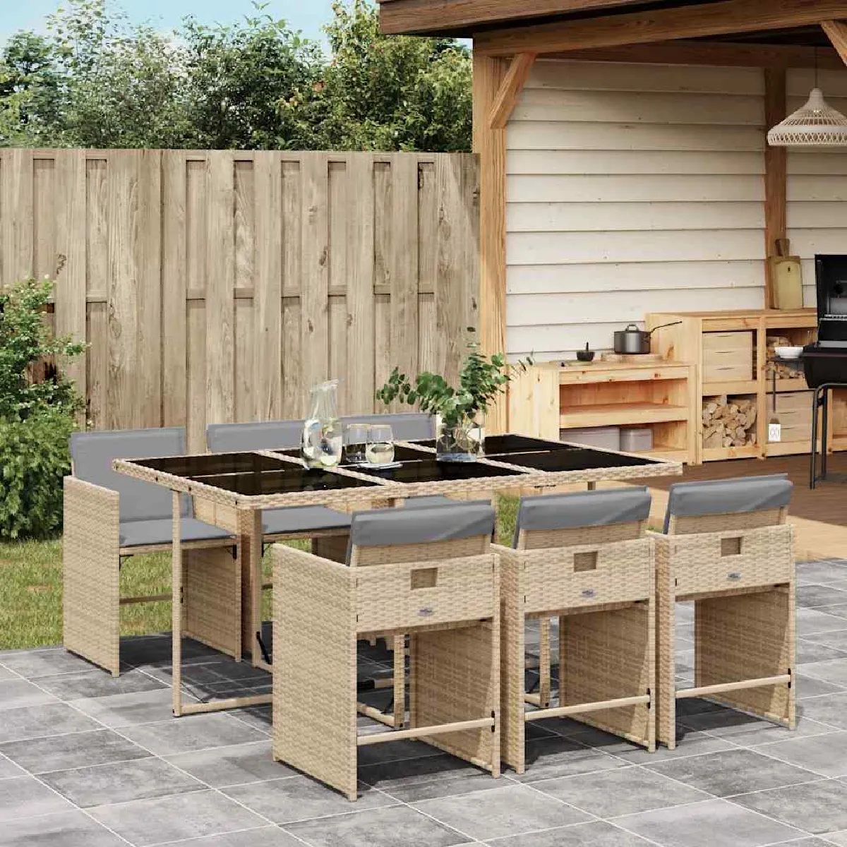 Non Communiqué Beige Vidaxl Ensemble À Manger De Jardin Coussins 7 Pcs, Chaises À Manger Avec Table, Ensemble De Meubles, Moderne, Mélange 3211092 - Image 3
