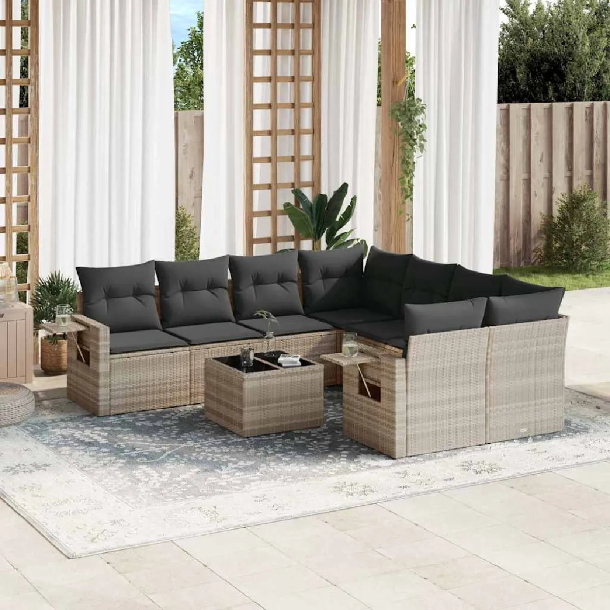 vidaXL Salon de Jardin avec Coussins 9 pcs Canapés de Terrasse Ensemble de Meubles de Patio Mobilier dExtérieur 3271681 - vue 10