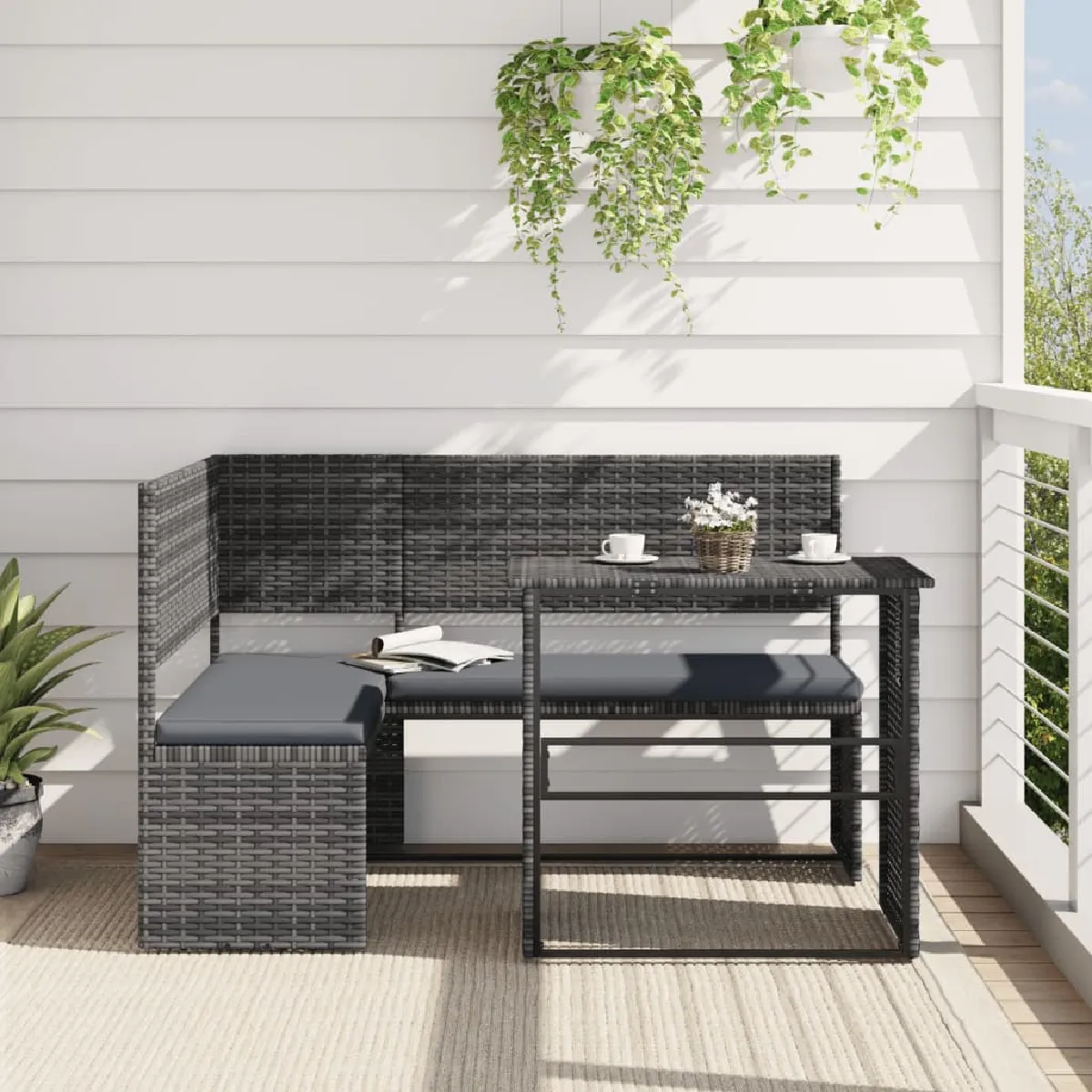 vidaXL Canapé de jardin en L avec table - Gris