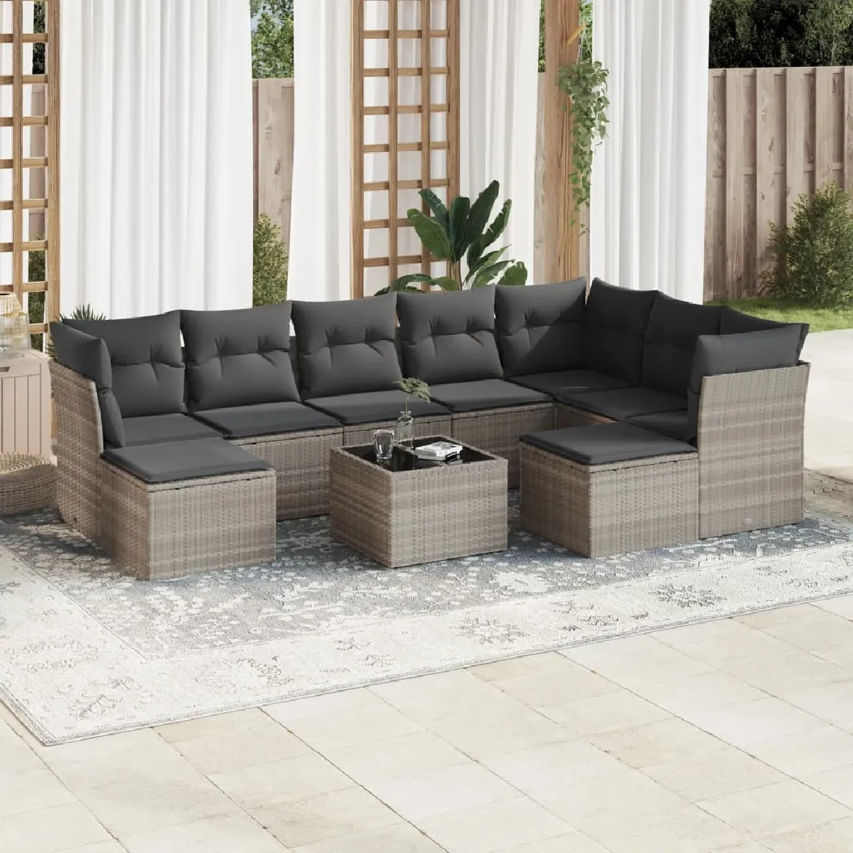 Non Communiqué Gris Vidaxl Salon De Jardin Avec Coussins 10 Pcs, Canapés De Patio, Ensemble De Meubles, Mobilier De Terrasse Extérieur, 3218582 - Image 2