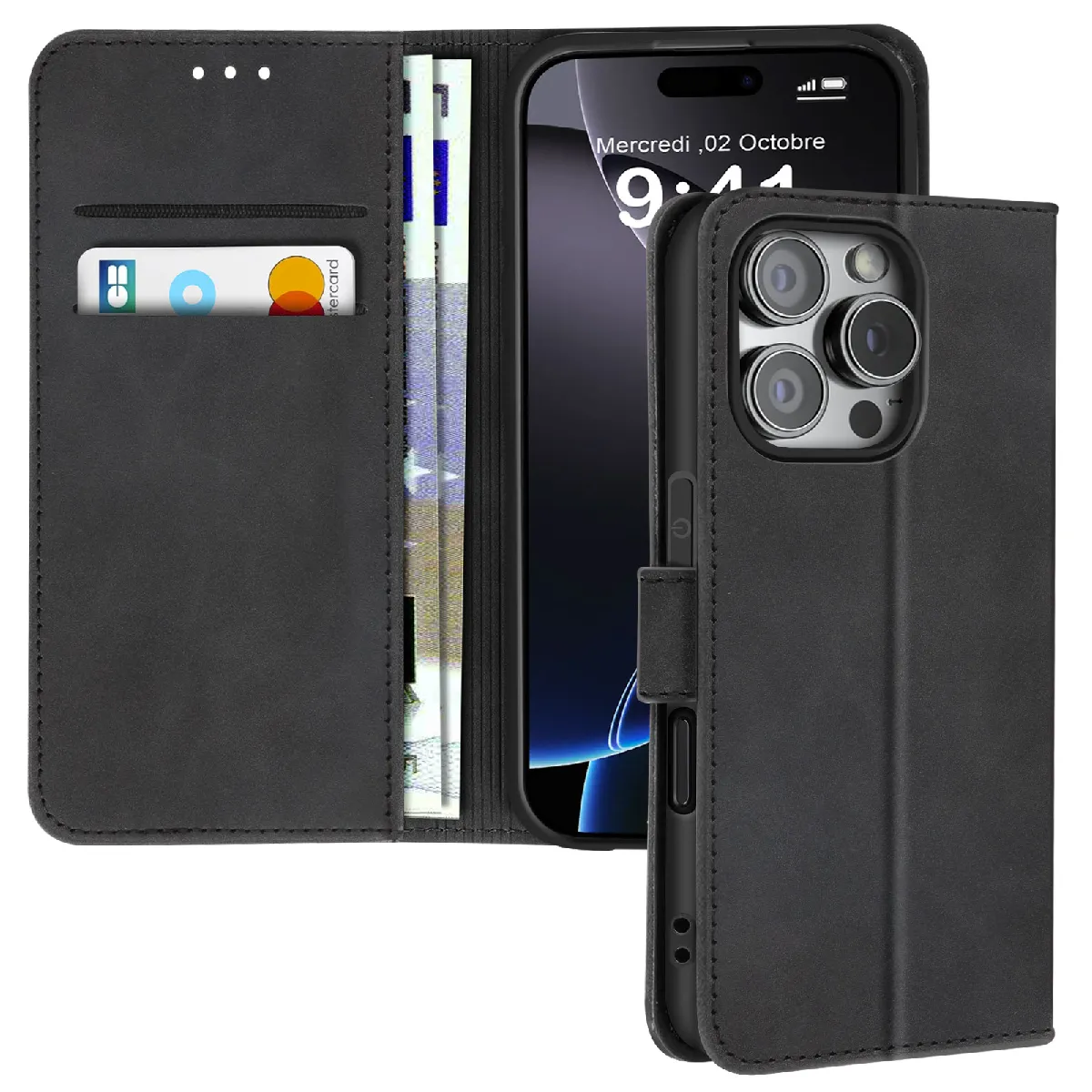 Avizar Noir Etui Pour Iphone 16 Pro Max Clapet Portefeuille Support Vidéo - Image 2