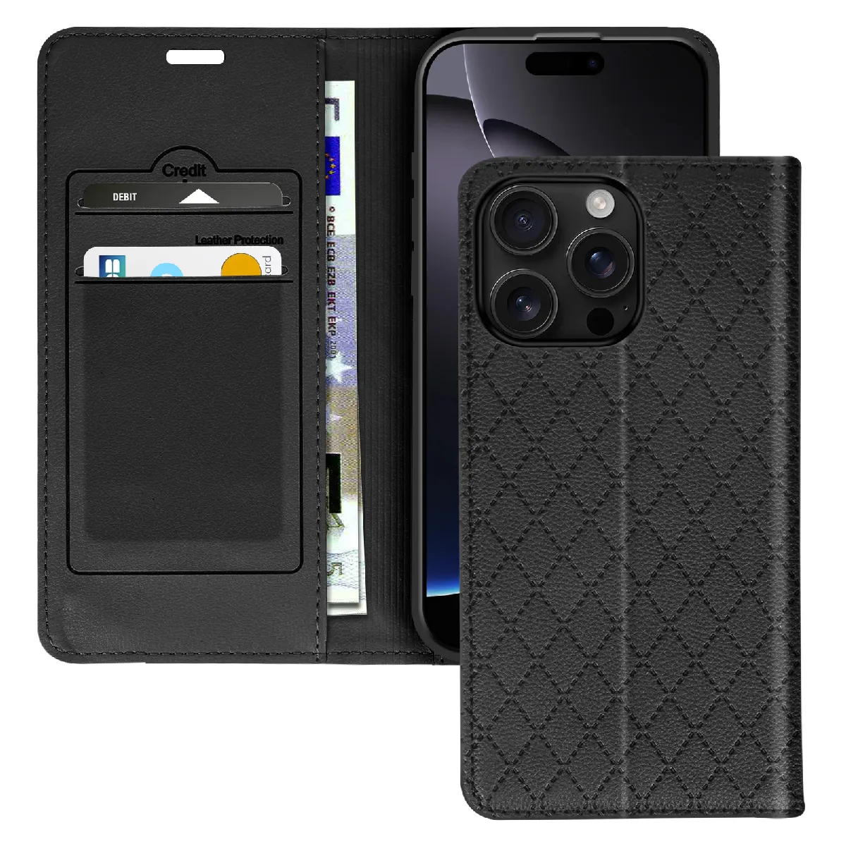 Avizar Noir Étui Folio Pour Iphone 16 Pro Max Losange Porte Cartes Support Vidéo