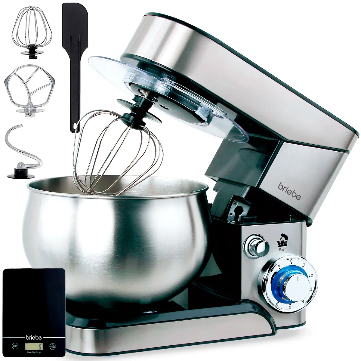 BRIEBE Robot P&acirc;tissier Cuisine Multifonction Bol Inox 5L 6 Vitesses + Balance Numerique KM1114B Acier Inoxydable