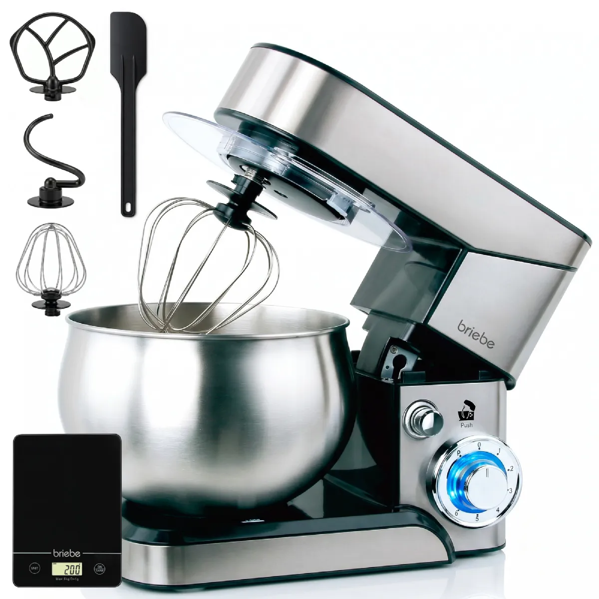 BRIEBE Robot P&acirc;tissier Cuisine Multifonction Bol Inox 5L 6 Vitesses + Balance Numerique KM1114B Acier Inoxydable