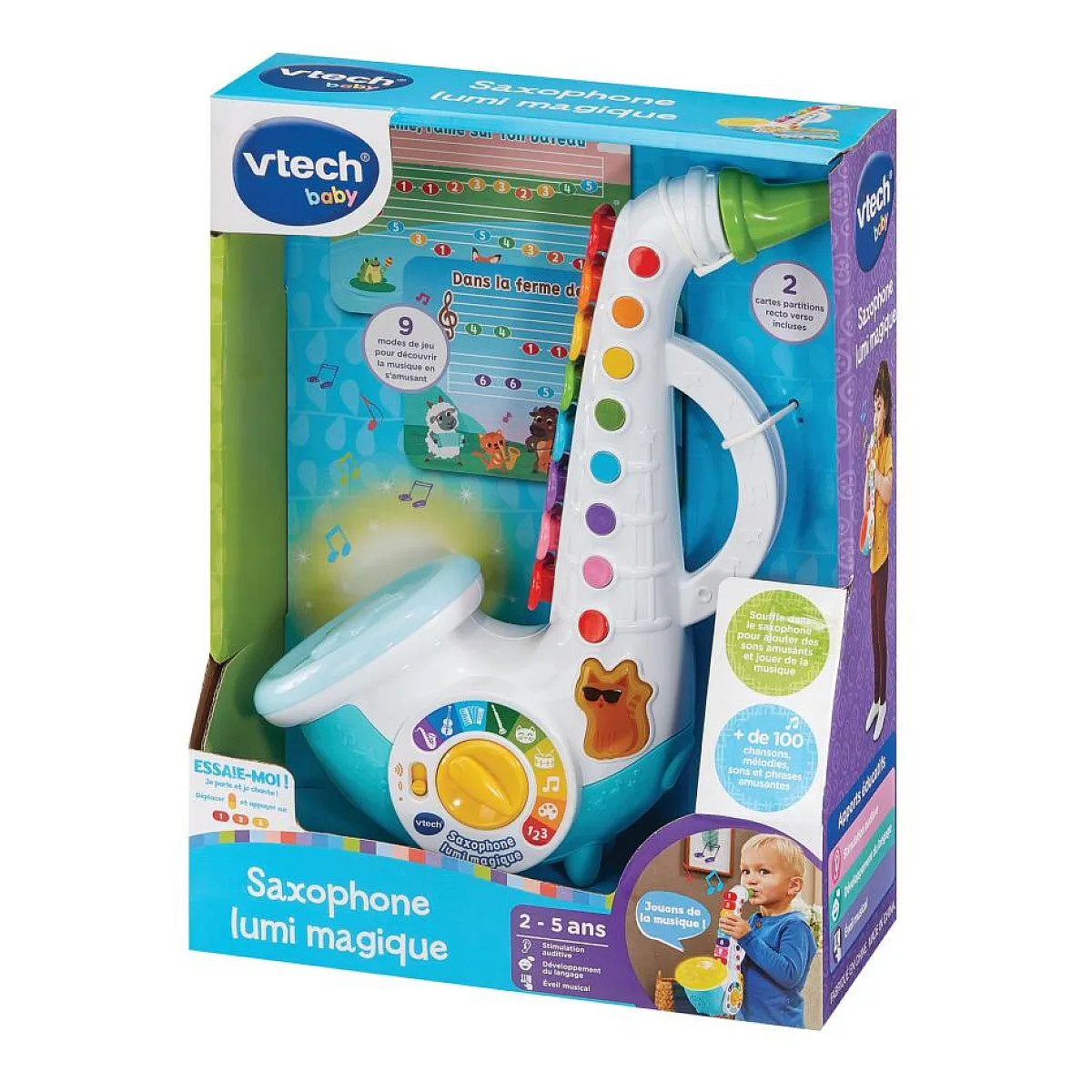 VTech Saxophone Lumi Magique Instrument de Musique Enfant Saxophone Interactif avec Partitions de 4 Comptines Jouet d'Éveil Musical Cadeau Enfant Dès Contenu en Français