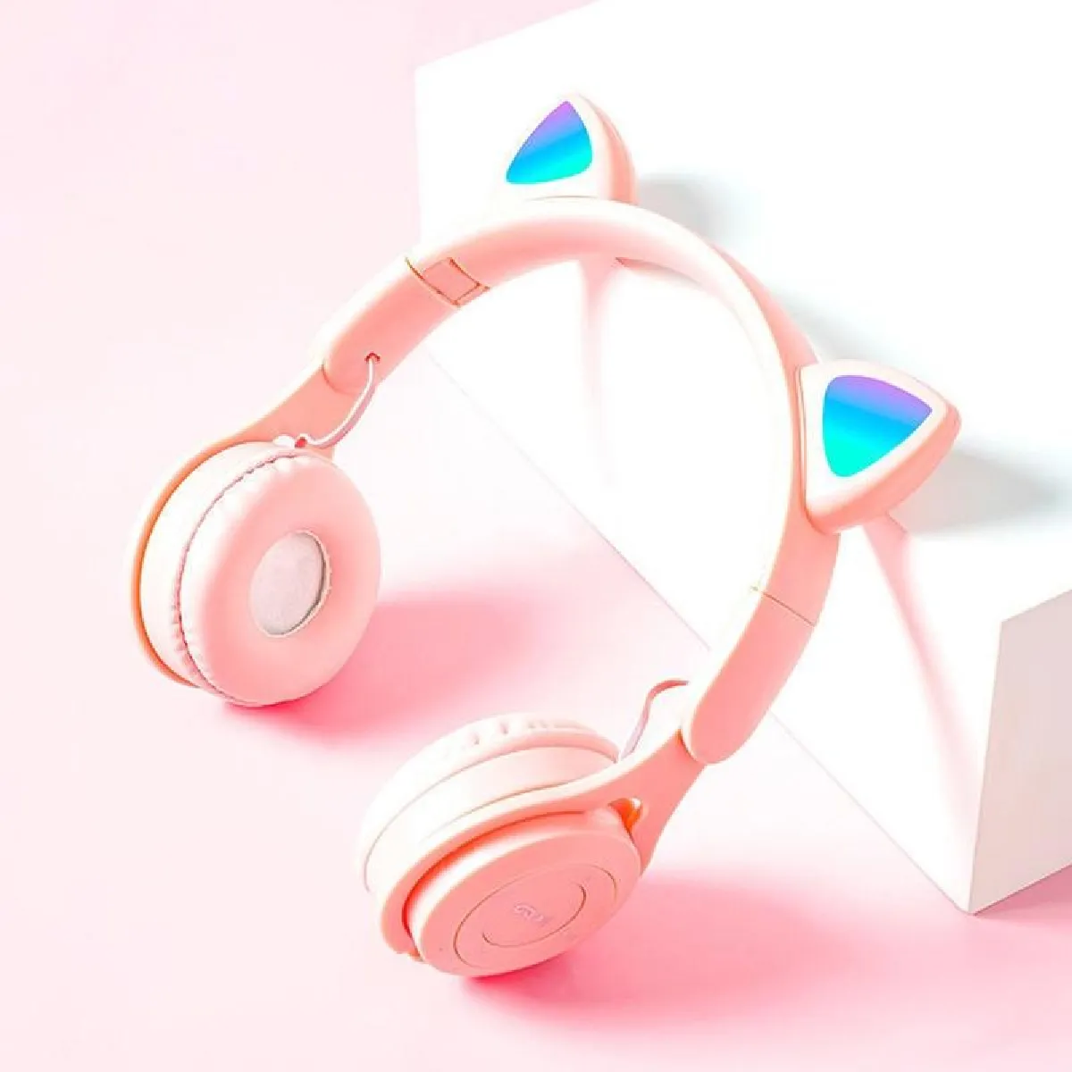 Yonis Rose Casque Audio Pliable Led Bluetooth 5.0 Avec Oreilles De Chat Et Son Stéréo