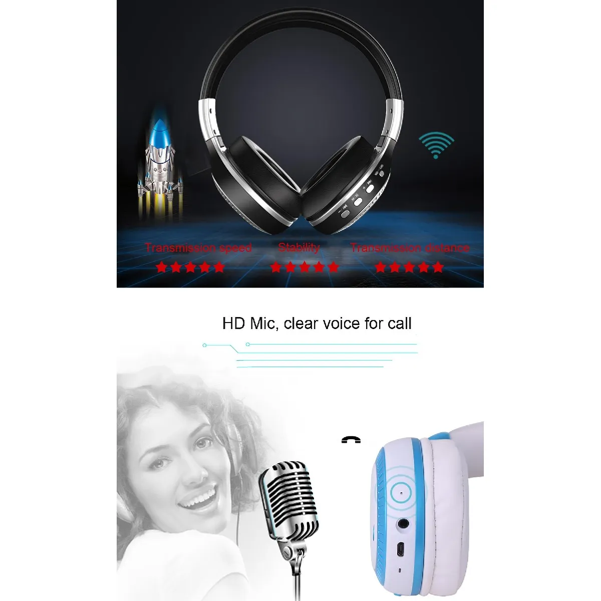 Yonis Bleu Casque Audio Bluetooth Pliable Avec Micro Fm Et Écran Pour Smartphones - Image 2
