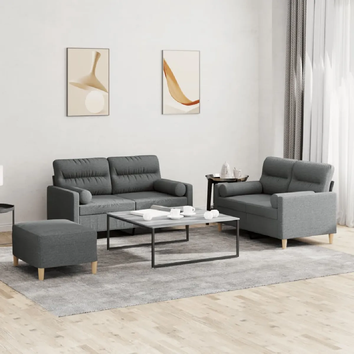 Vidaxl Gris Ensemble De Canapés 3 Pcs Coussins Foncé Tissu - Image 3