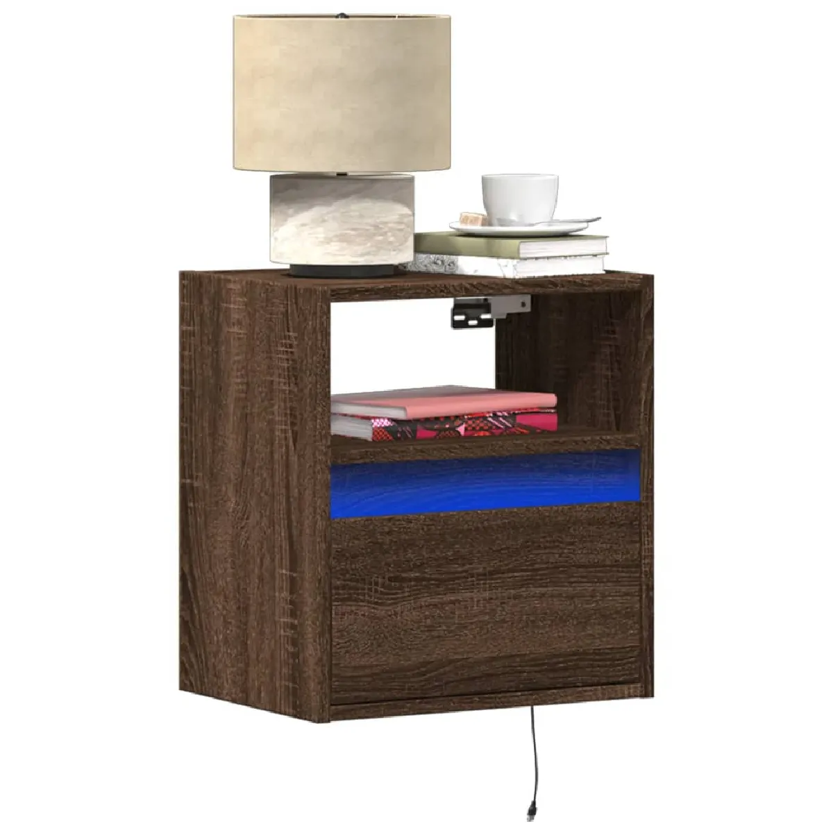 Vidaxl Marron Table De Chevet Murale Avec Lumières Led Chêne - Image 3