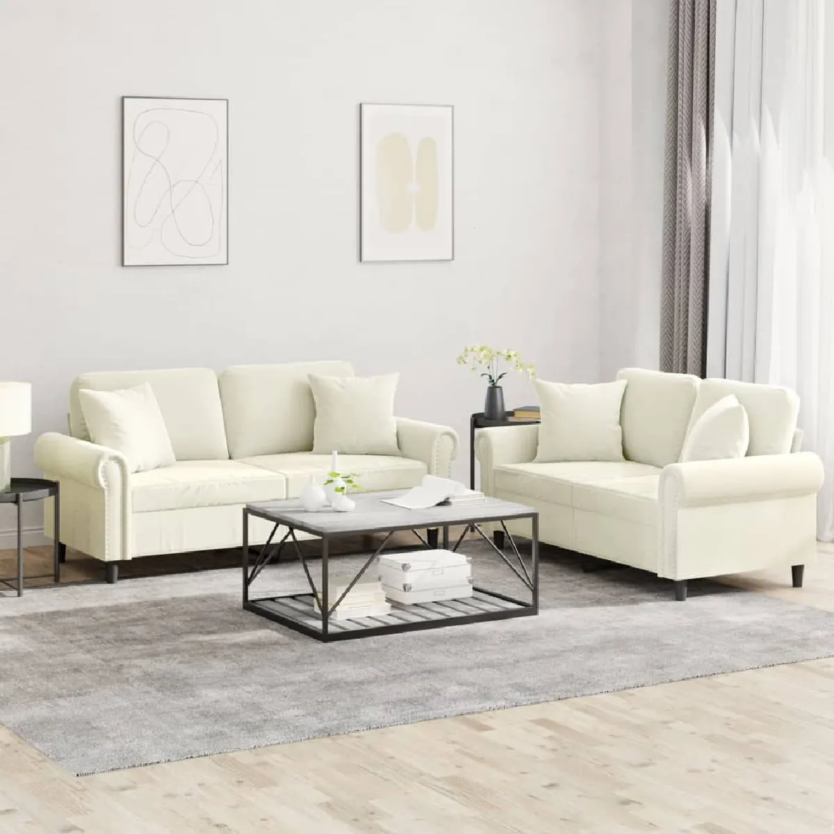 vidaXL Ensemble Canapés 2 pcs Crème Velours - vue 2