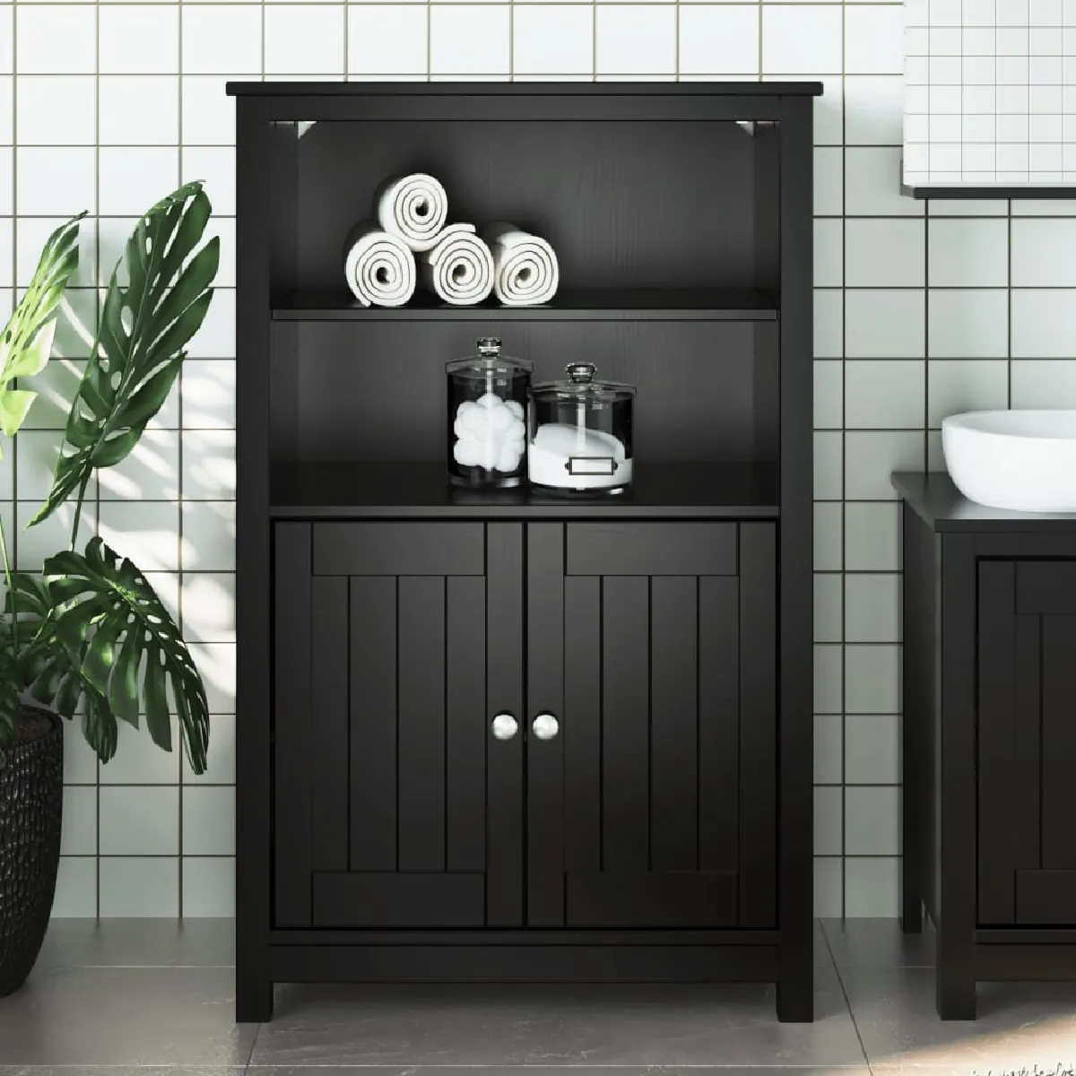 vidaXL BERG - Armoire de salle de bain noir pin massif