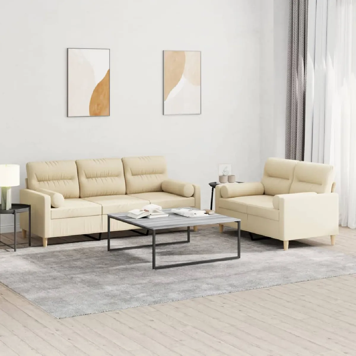 Non Communiqué Crème Ensemble De Canapés 2 Pcs Avec Coussins Tissu - Image 3