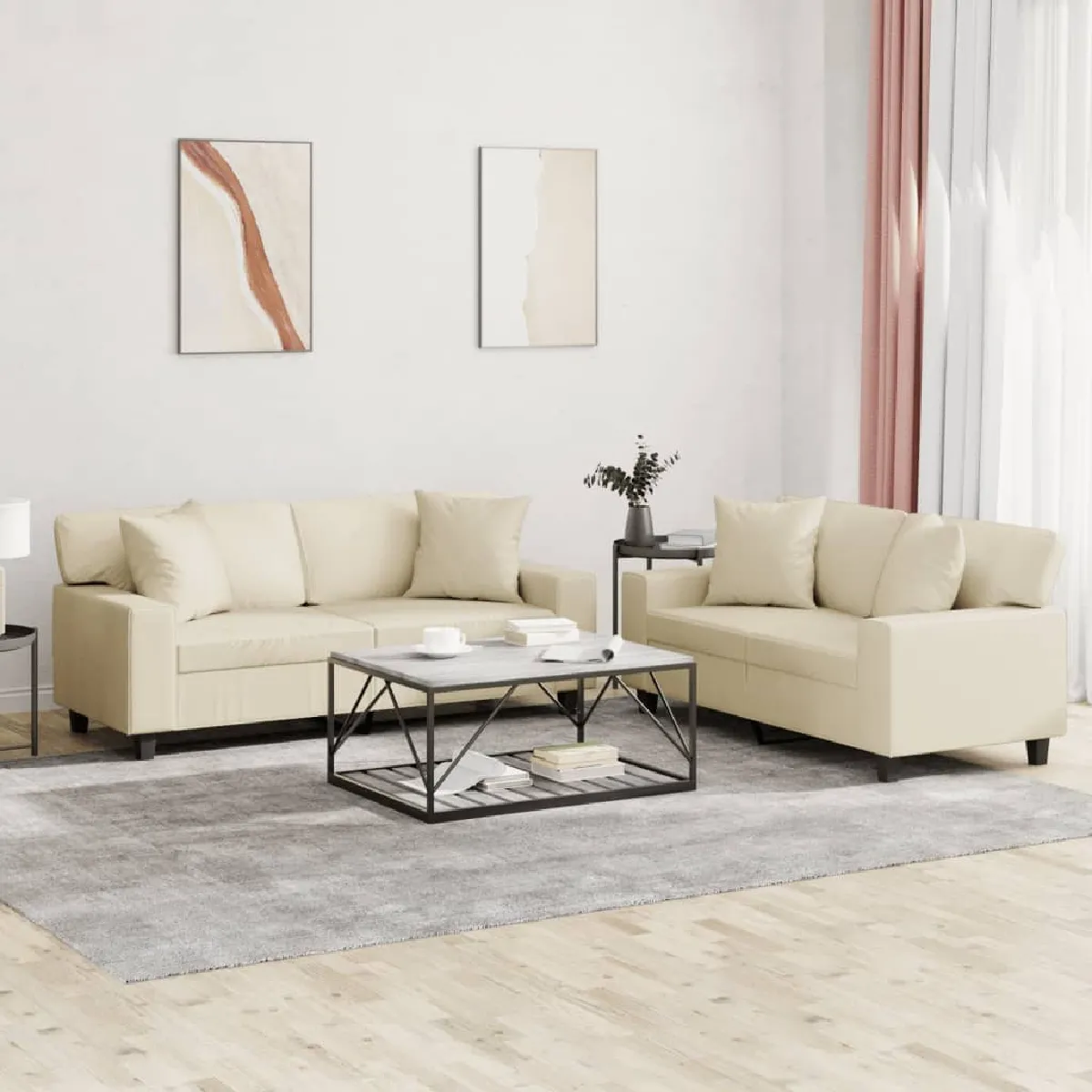 Vidaxl Ensemble De Canapés 2 Pcs Avec Coussins Crème Similicuir - Image 3