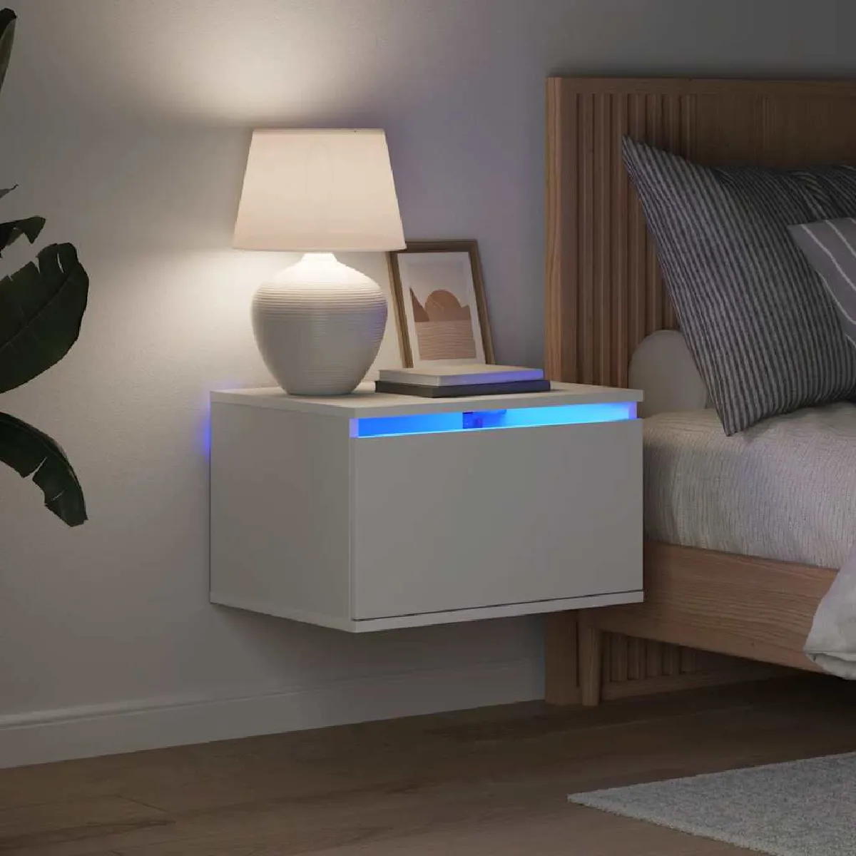 Vidaxl Blanc Table De Chevet Murale Avec Led