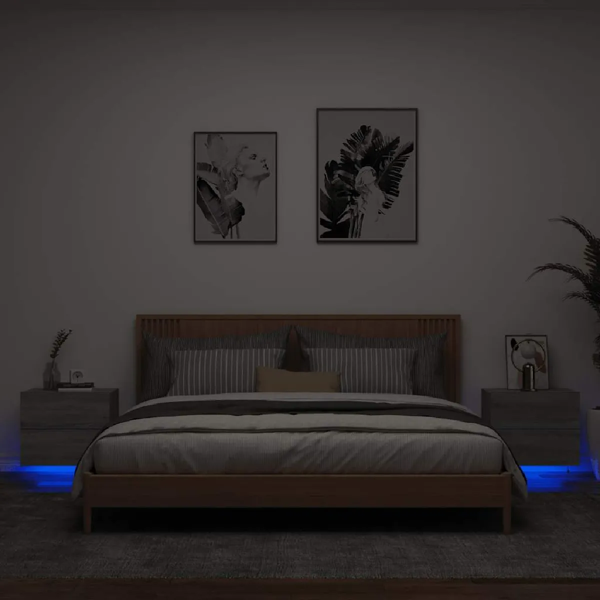 Non Communiqué Gris Vidaxl Tables De Chevet Murales Avec Lumières Led 2 Pcs, Armoires De Nuit, Tables De Nuit Chambre, Moderne, Sonoma Bois D'ingénierie - Image 3