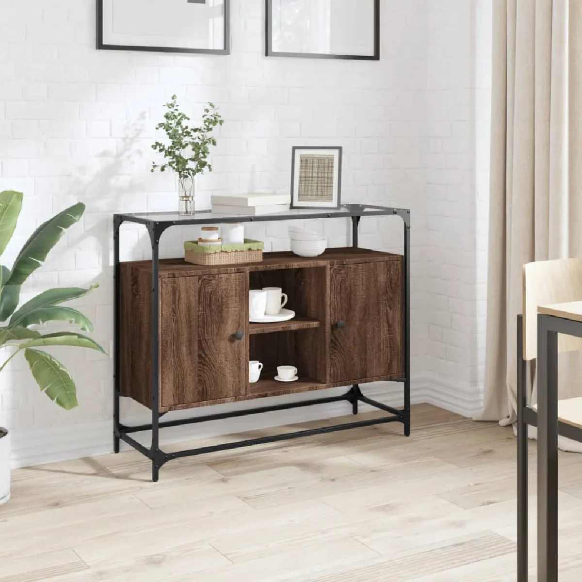 Non Communiqué Marron Vidaxl Buffet Avec Dessus En Verre Chêne Bois D'ingénierie, Meuble De Rangement, Meuble De Rangement De Cuisine, 846073 - Image 3