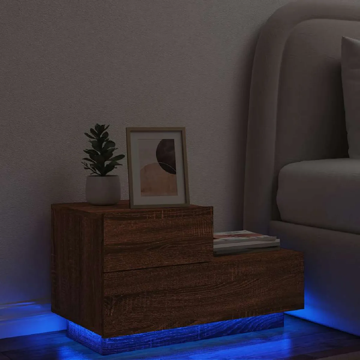 Non Communiqué Marron Vidaxl Table De Chevet Avec Lumières Led, Armoire De Nuit Avec Rangement, Table De Nuit Chambre, Moderne, Chêne Bois 836783 - Image 3