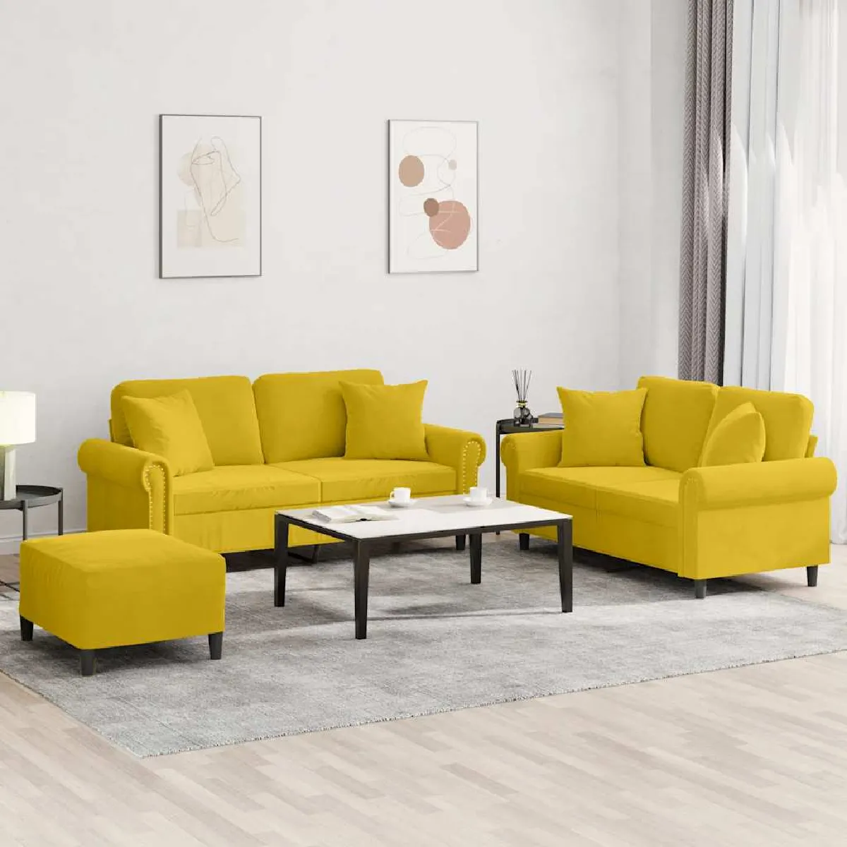 Non Communiqué Jaune Ensemble De Canapés 3 Pcs Avec Coussins Velours - Image 3