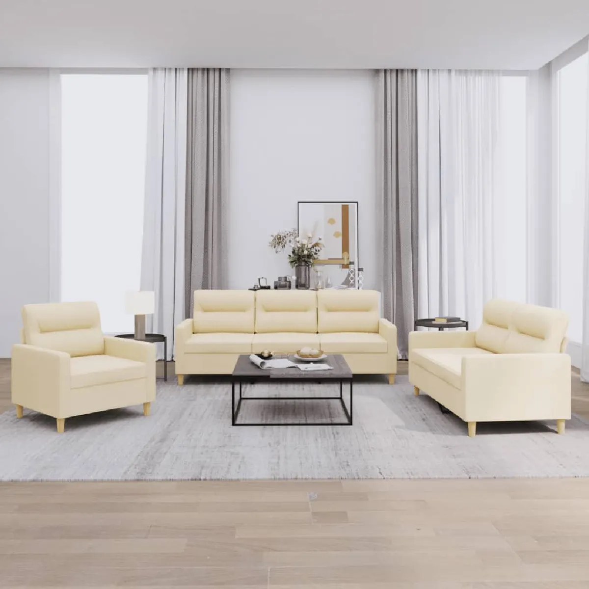 Vidaxl Ensemble De Canapés 3 Pcs Avec Coussins Crème Tissu - Image 3