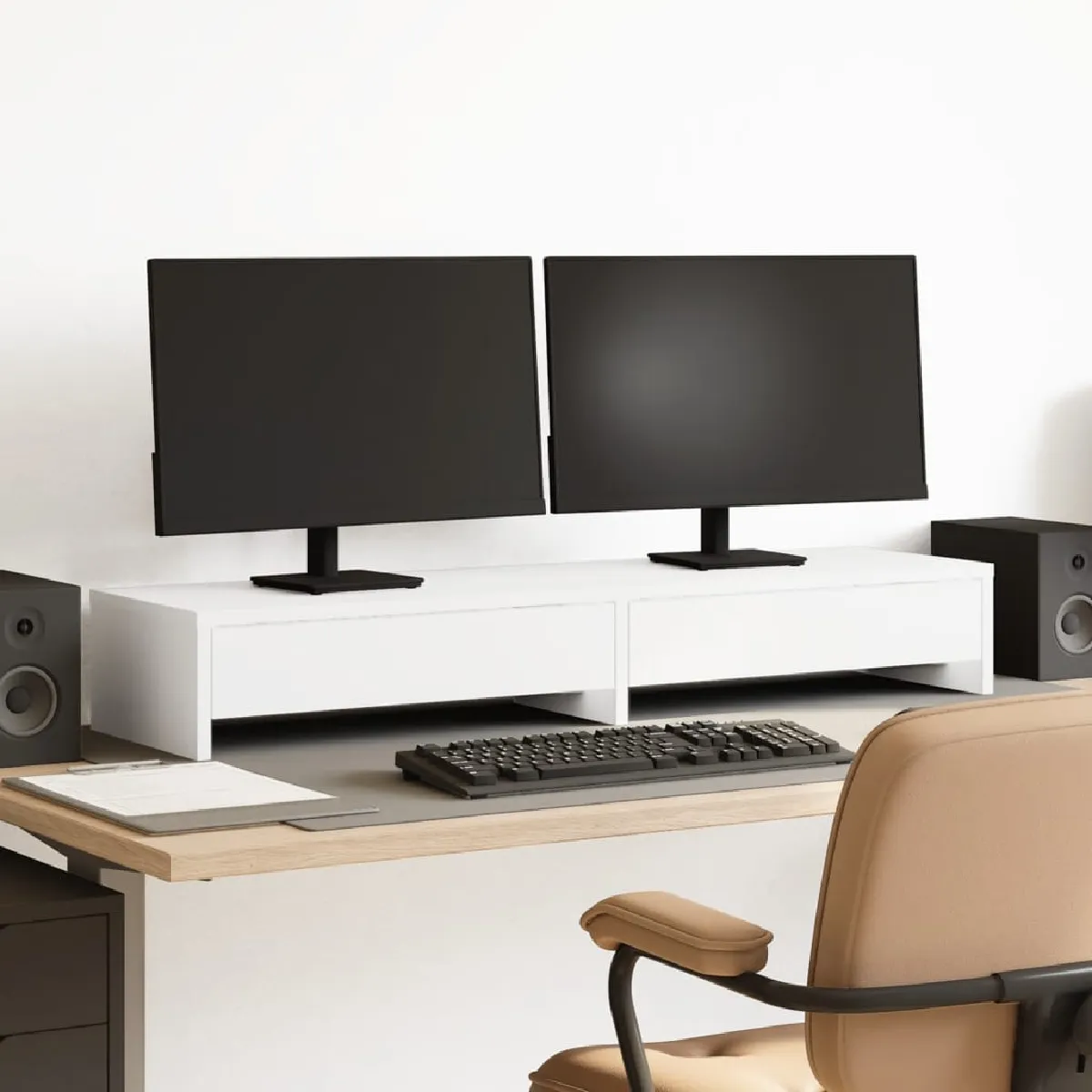 Vidaxl Blanc Support De Moniteur Avec Tiroirs Bois D'ingénierie, Support D'écran, Étagère De Moniteur, Base De Moniteur 854670 - Image 2