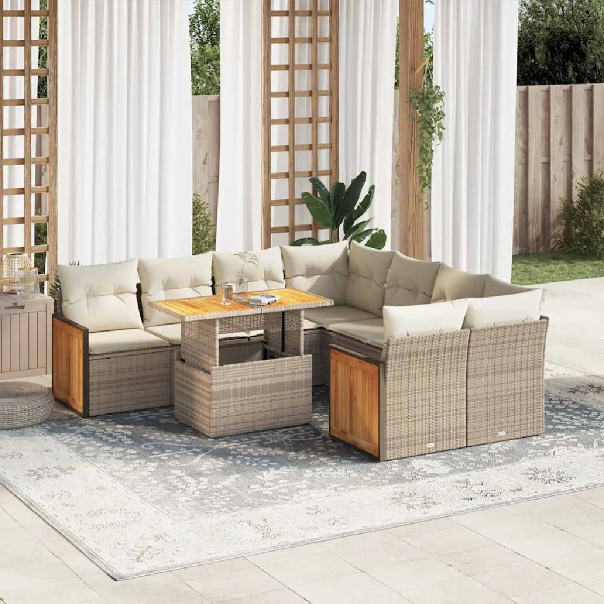 VidaXL Salon de Jardin avec Coussins 9 pcs - Beige