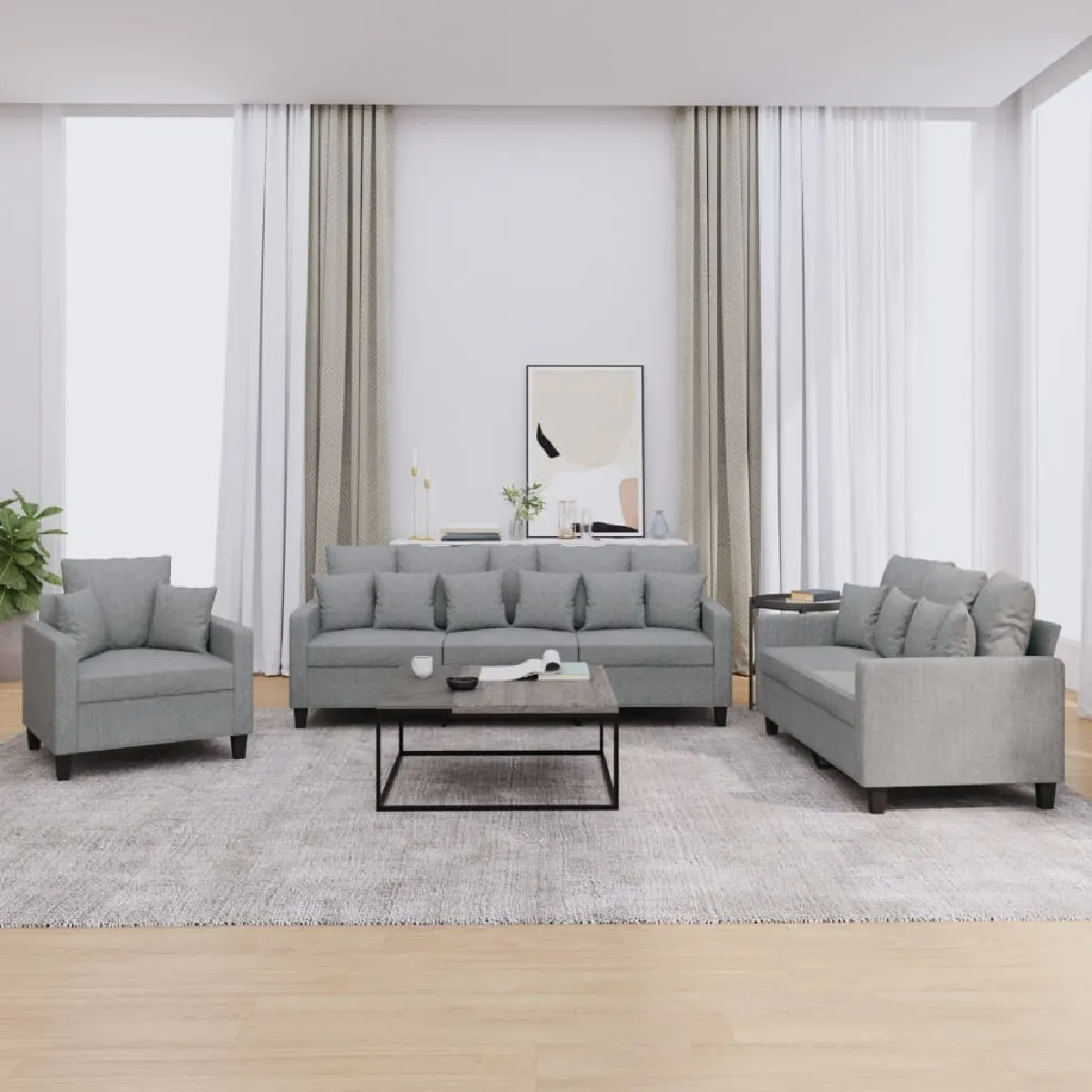 Non Communiqué Gris Clair Ensemble De Canapés 3 Pcs Coussins Tissu - Image 3