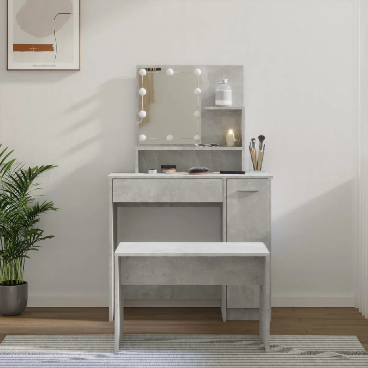 vidaXL Coiffeuse avec LED gris béton 86,5x35x136 cm